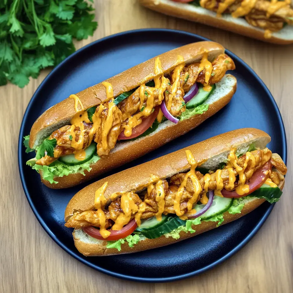 A pair of baguette buns filled with chicken, salad and creamy sauce, sitting on a black plate.