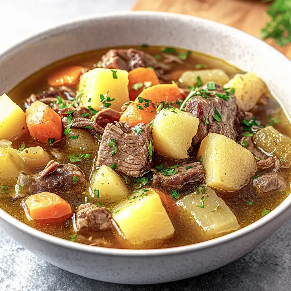 A bowl filled with tender meat, potatoes, carrots, and fresh herbs.