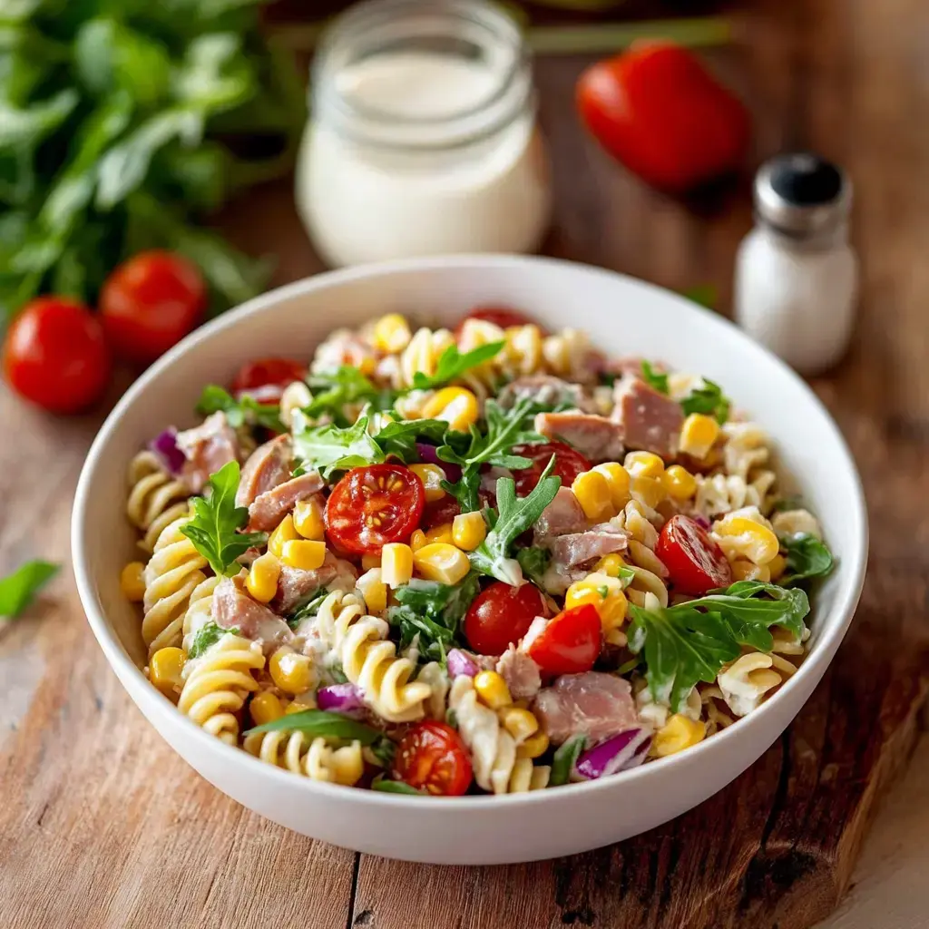 Colorful pasta salad with tomatoes, corn, ham, and arugula in a white bowl.