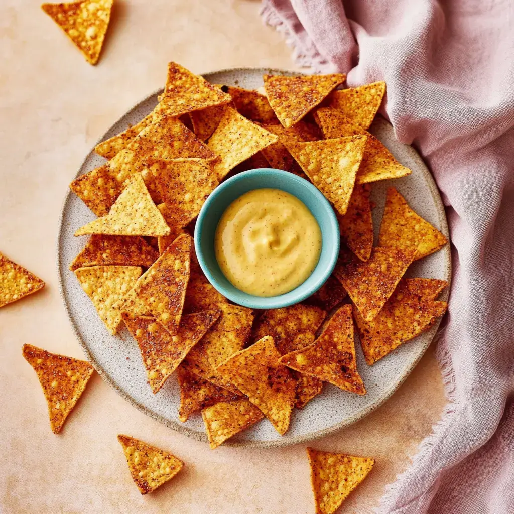 A plate stacked with tortilla chips and a little bowl of creamy yellow dip.