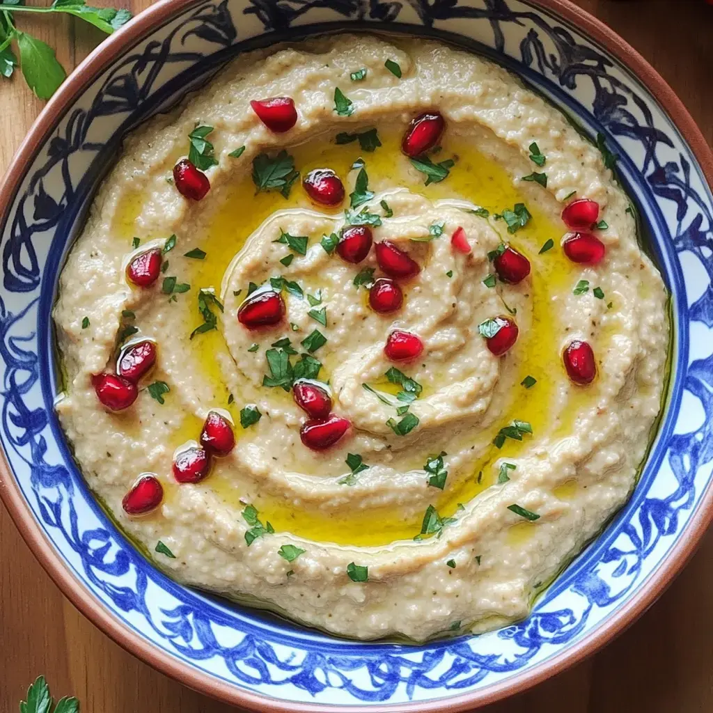 A pretty plate of eggplant dip topped with pomegranate seeds, fresh parsley, and olive oil, served on a fancy dish.