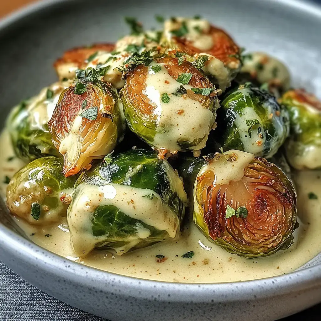A plate of brussels sprouts smothered in creamy sauce, sprinkled with fresh herbs.