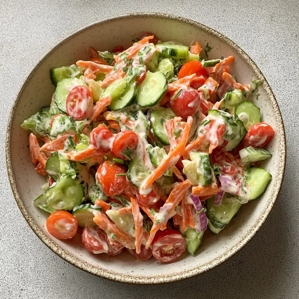 A bright mix of tomatoes, cucumber, carrots, and onions with a creamy sauce drizzled on top.