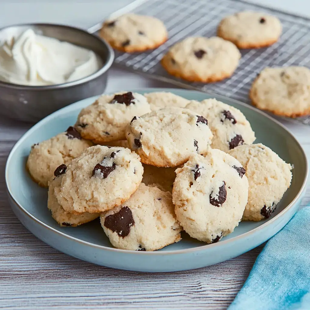 A plate of freshly-baked cookies with chocolate chunks and a bowl of whipped cream in the background.