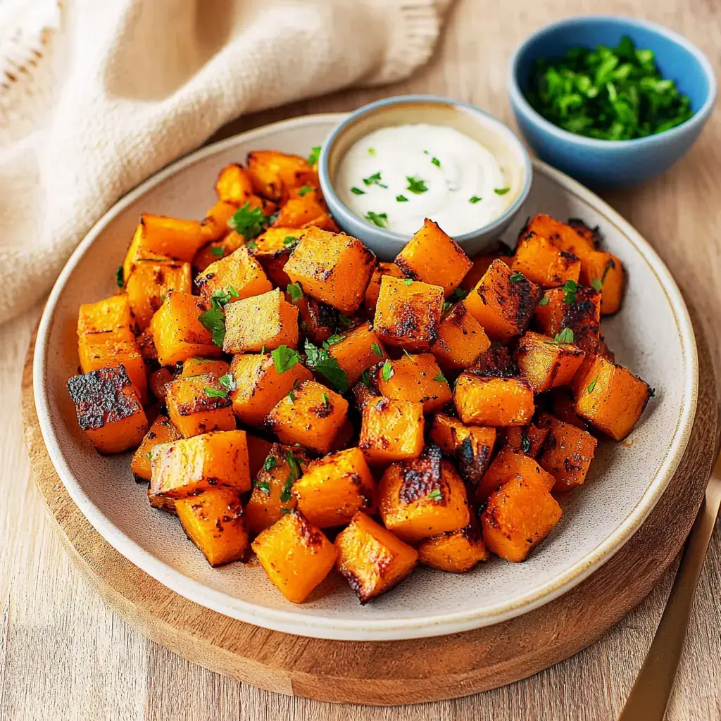 A plate of roasted squash cubes topped with fresh parsley, next to a bowl of creamy sauce.