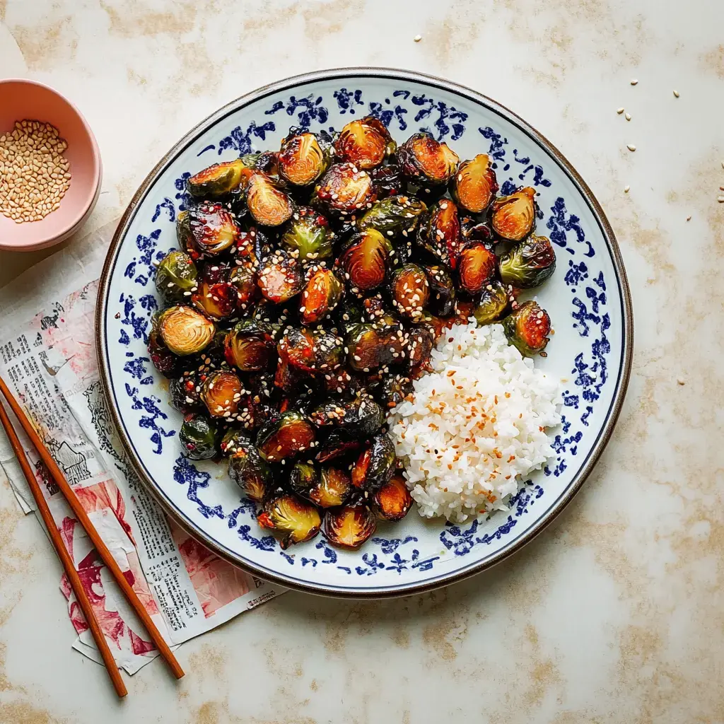 A plate with fried brussels sprouts and rice, topped with sesame, on a fancy plate edge.