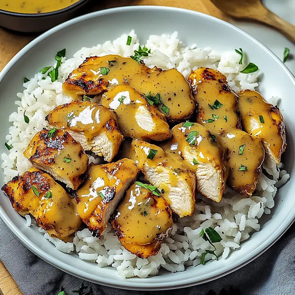 A dinner plate with sliced grilled chicken covered in creamy sauce, all served over fluffy white rice and a sprinkle of fresh herbs.
