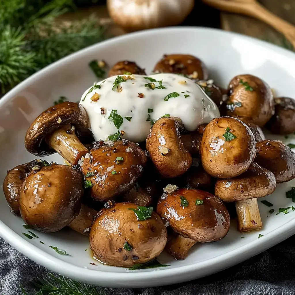Champignons mit Butter angebraten, dazu frische Petersilie und ein Klecks Sahne auf einem Teller.