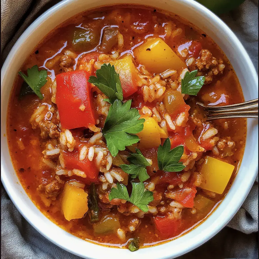 Ein Topf voller bunter Suppe mit Hack, Paprika, Reis und grünem Kraut oben drauf.