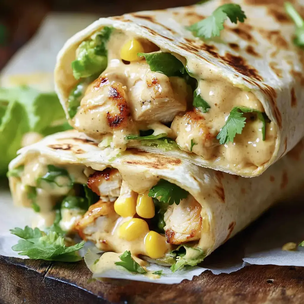 Two tortillas packed with grilled chicken, crisp veggies, cilantro, and a rich creamy sauce.