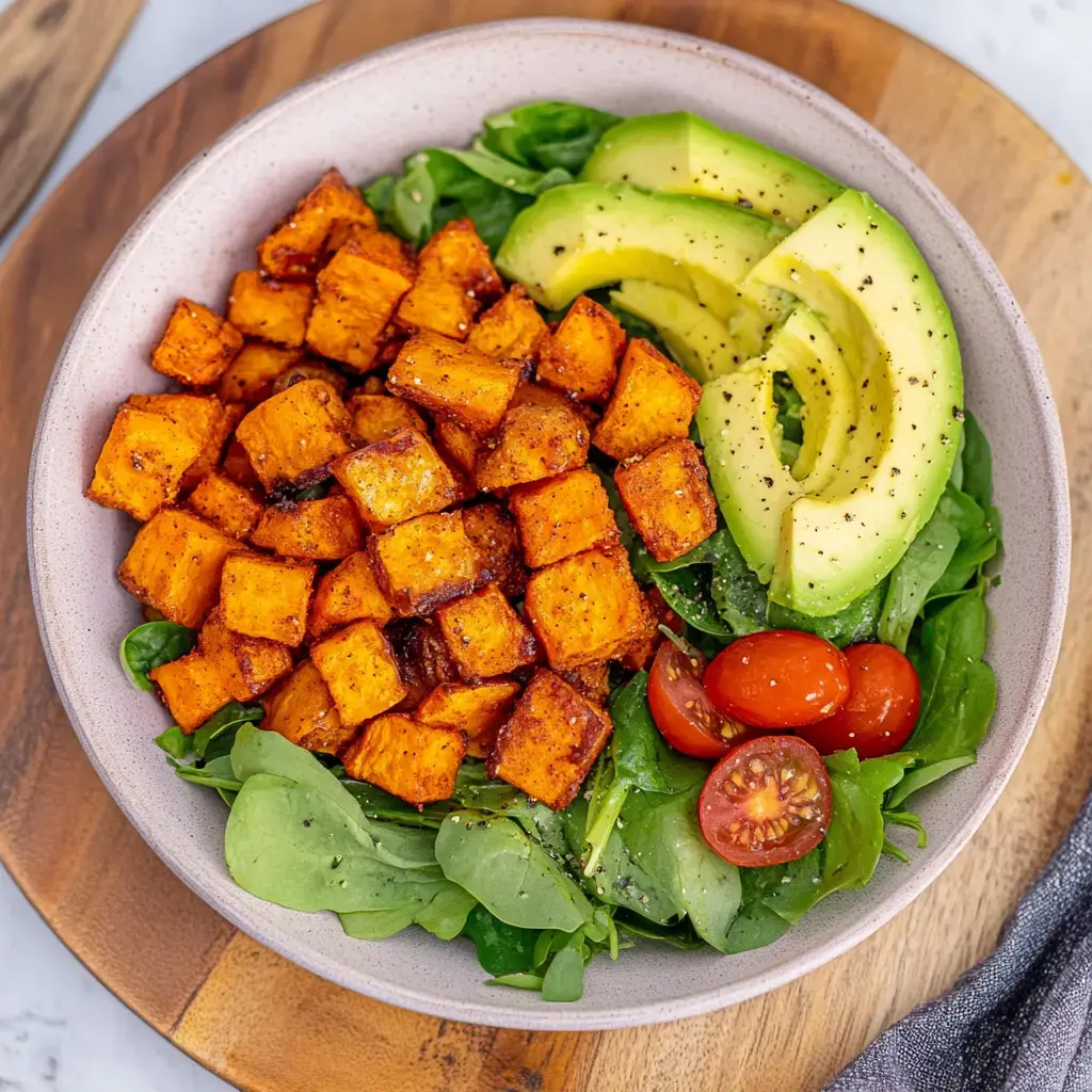 A bowl full of roasted diced sweet potatoes, avocado, cherry tomatoes, and arugula.
