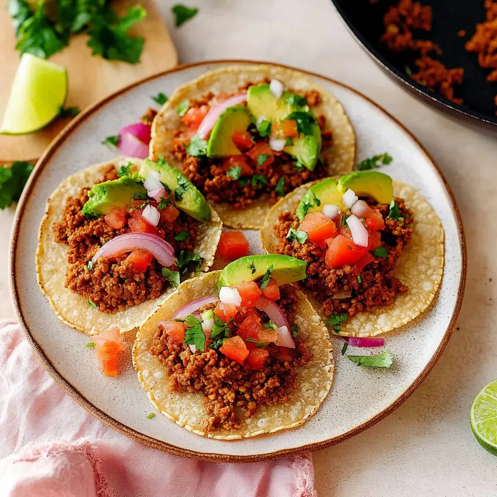 A plate with several tacos stuffed with seasoned mince, fresh tomatoes, avocado, onions, and cilantro.