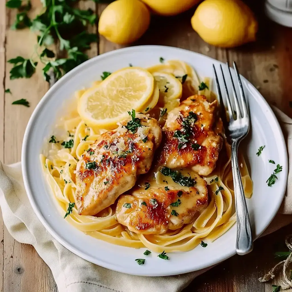 A plate of pan-seared chicken on fettuccine, topped with lemon slices and fresh parsley.