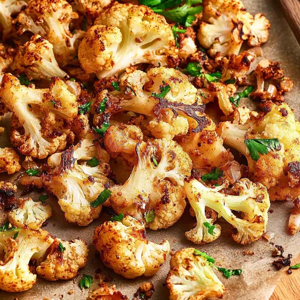 Golden roasted cauliflower florets covered in fresh herbs on a baking sheet.