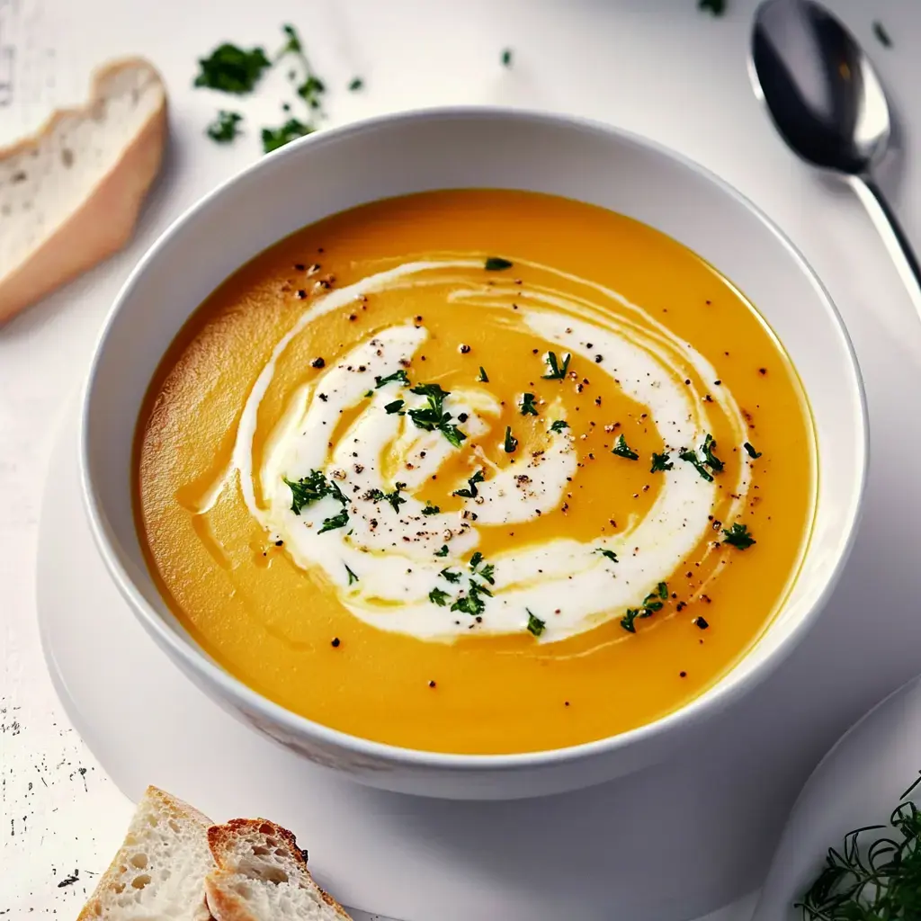 A bowl of blended pumpkin soup with cream, fresh herbs, pepper, and some bread on the side.