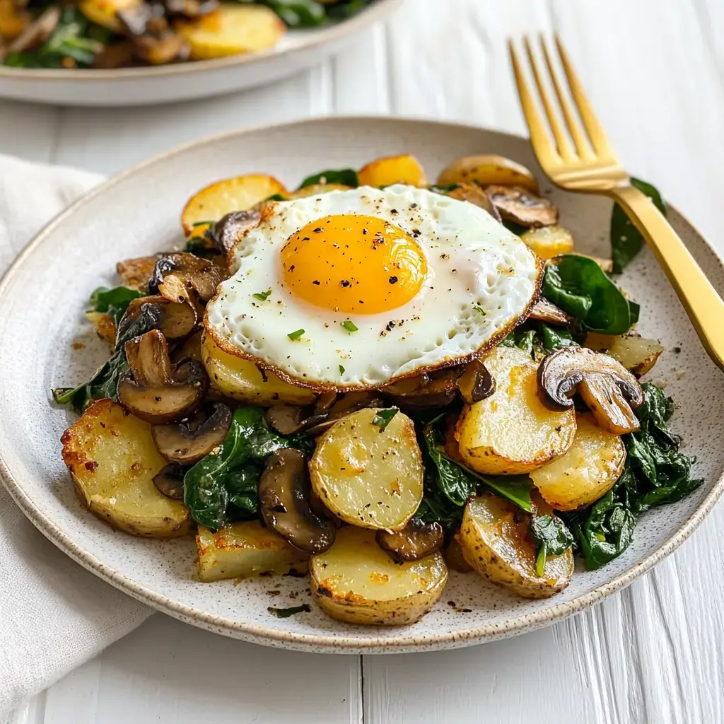 A plate stacked with fried potatoes, spinach, mushrooms, and a fried egg with a bright runny yolk.