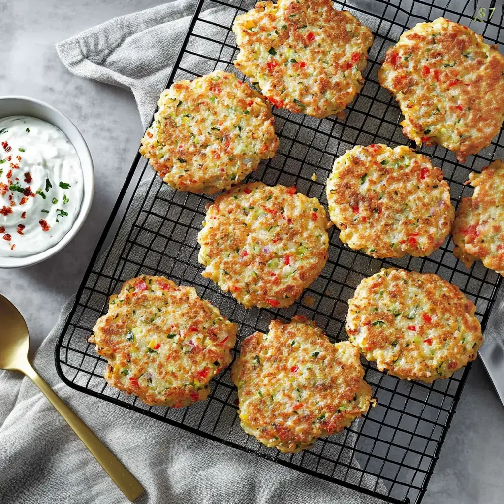 A baking rack loaded with brown, pan-fried cottage cheese bites. There’s a bowl of yogurt dip on the side.
