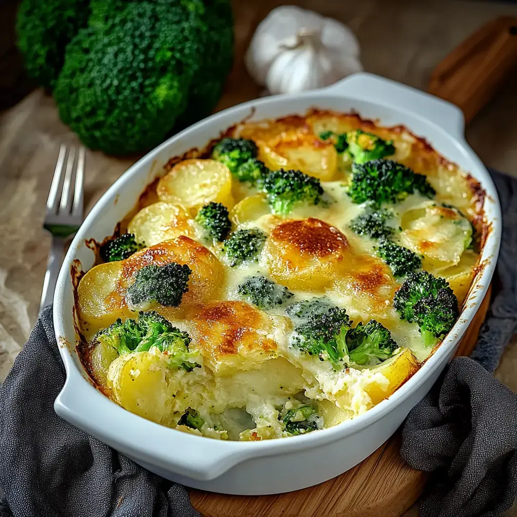 Potato and broccoli baked under melted cheese in a white oven dish.