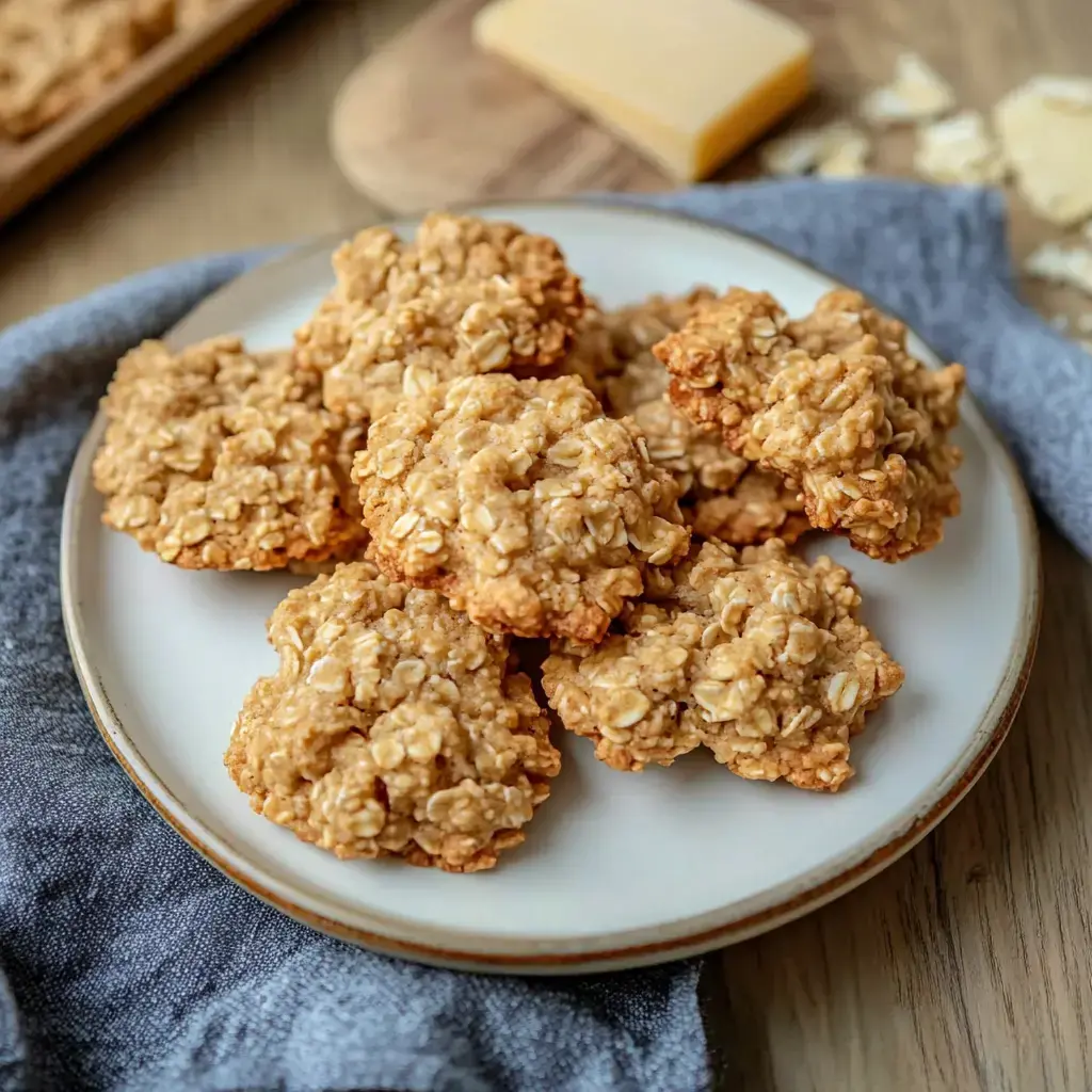 A plate of just-baked oat cookies on a table with a blue napkin and a block of cheese in the back.