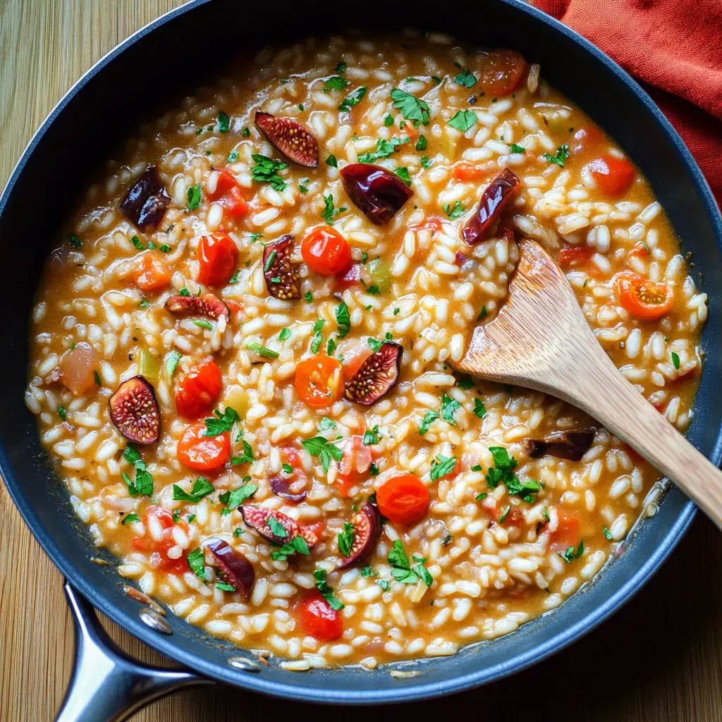 A pot of risotto topped with cherry tomatoes and fresh herbs on a wooden table.