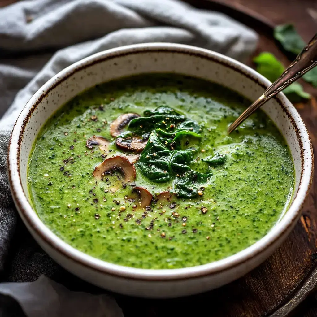 Bowl filled with green spinach soup, topped with fresh leaves and mushrooms, on a wooden table.
