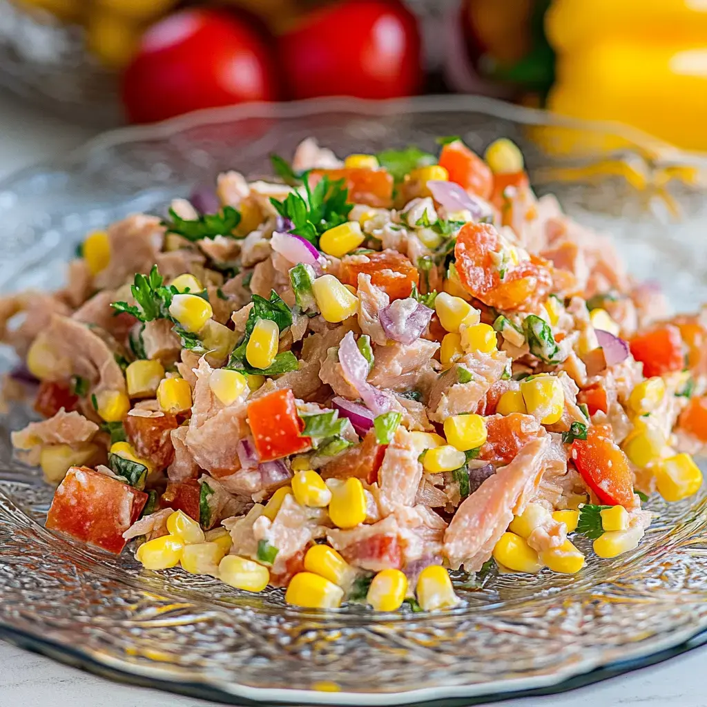 A colorful salad with tuna, corn, tomatoes, onions, and fresh herbs on a stylish plate.