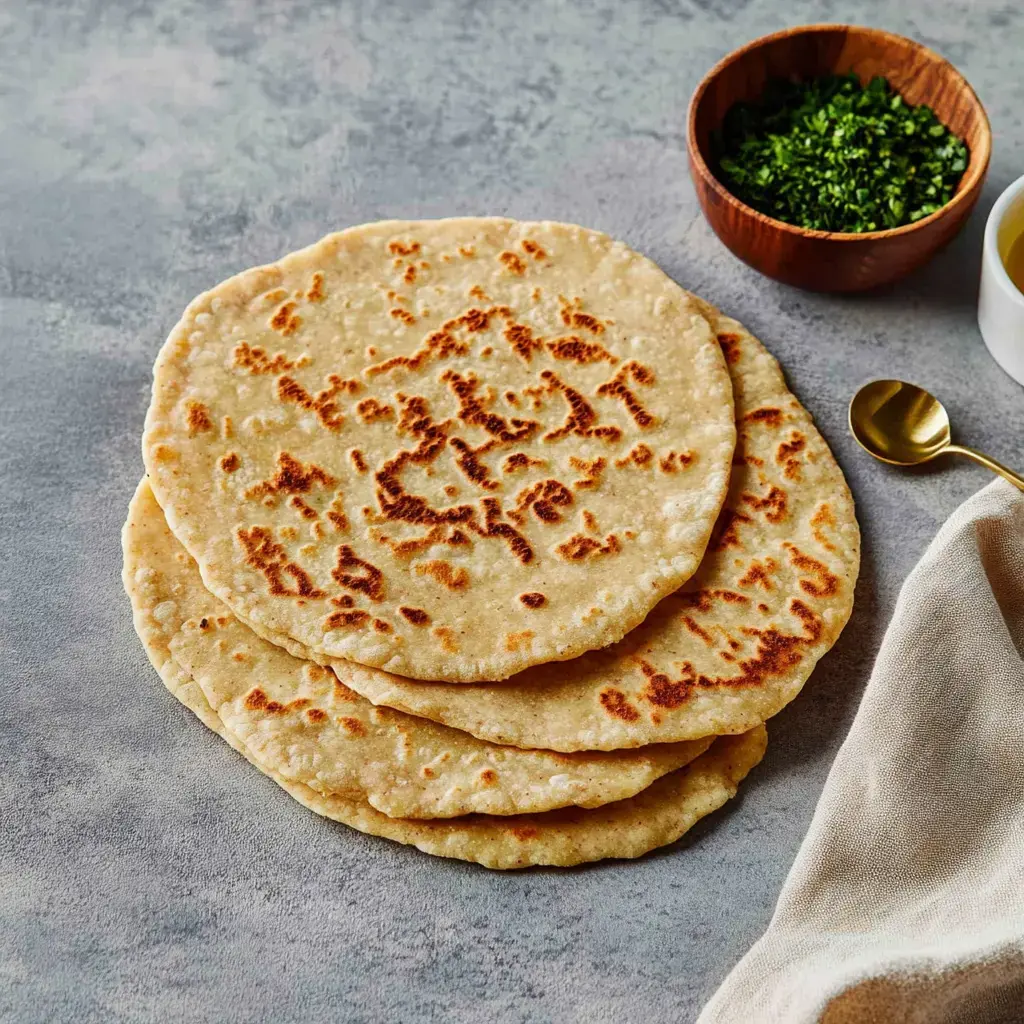 A pile of just-cooked flatbreads sits on a speckled gray counter with a small bowl of chopped greens nearby.