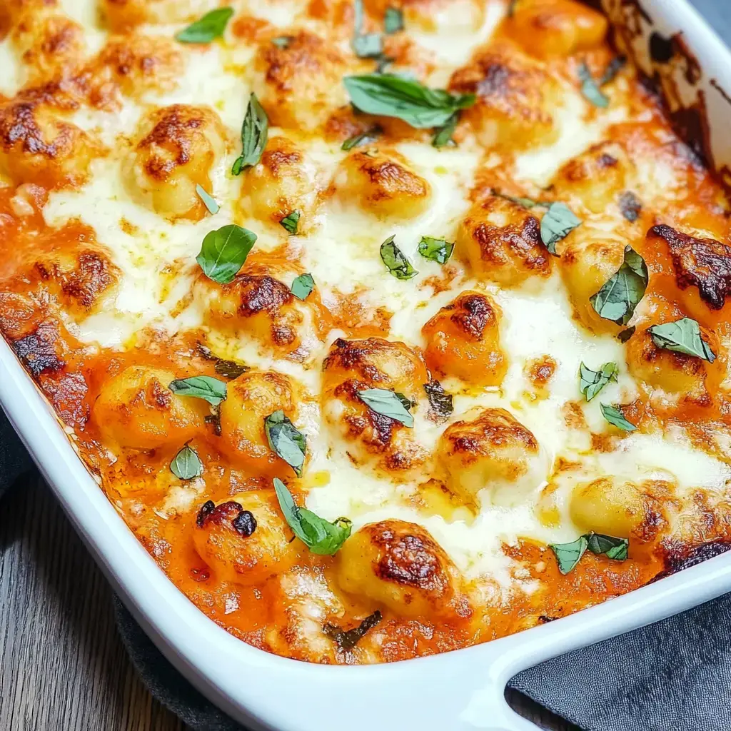 Baked gnocchi with tomato sauce, melted cheese, and fresh herbs.
