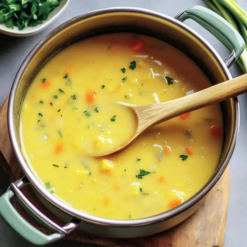 A pot of creamy soup topped with veggie chunks and sprigs of fresh herbs, set on a wooden board.