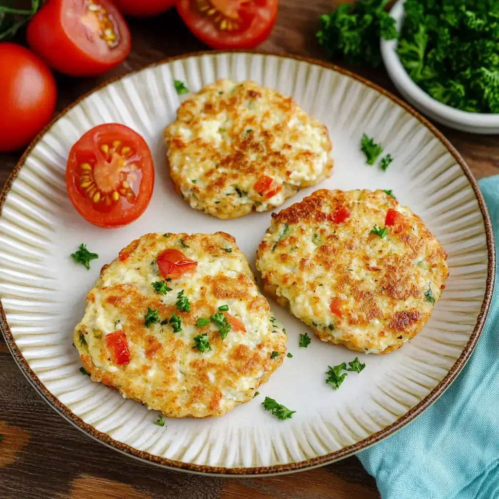 Three crispy veggie patties rest on a plate with cherry tomatoes and fresh parsley all around.