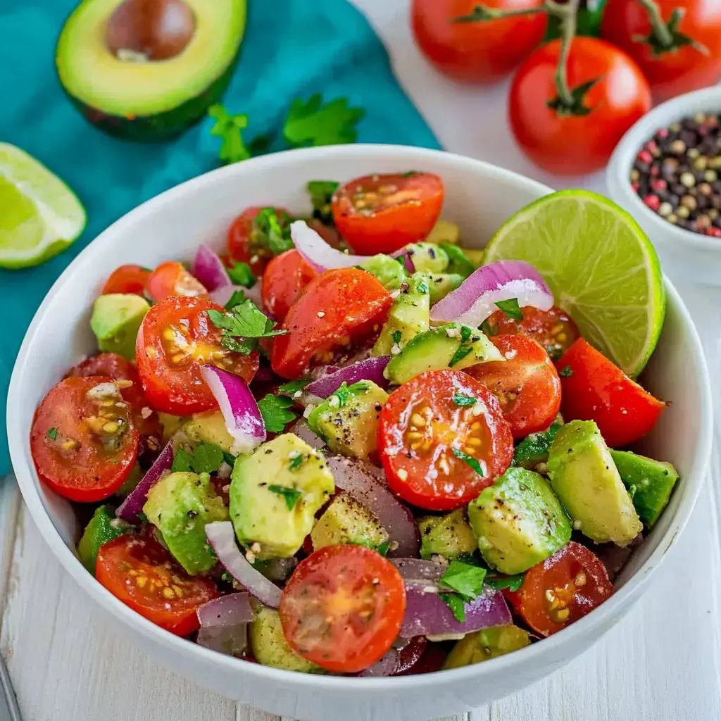 A bowl of bright avocado tomato salad with red onions, cilantro, and lime wedges. Tomatoes and avocado scattered around.