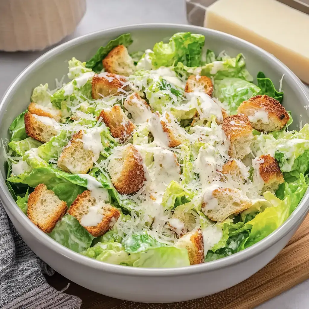 Knackiger Caesar mit Römersalat, Croûtons und Parmesan frisch gemischt in einer großen Schale.