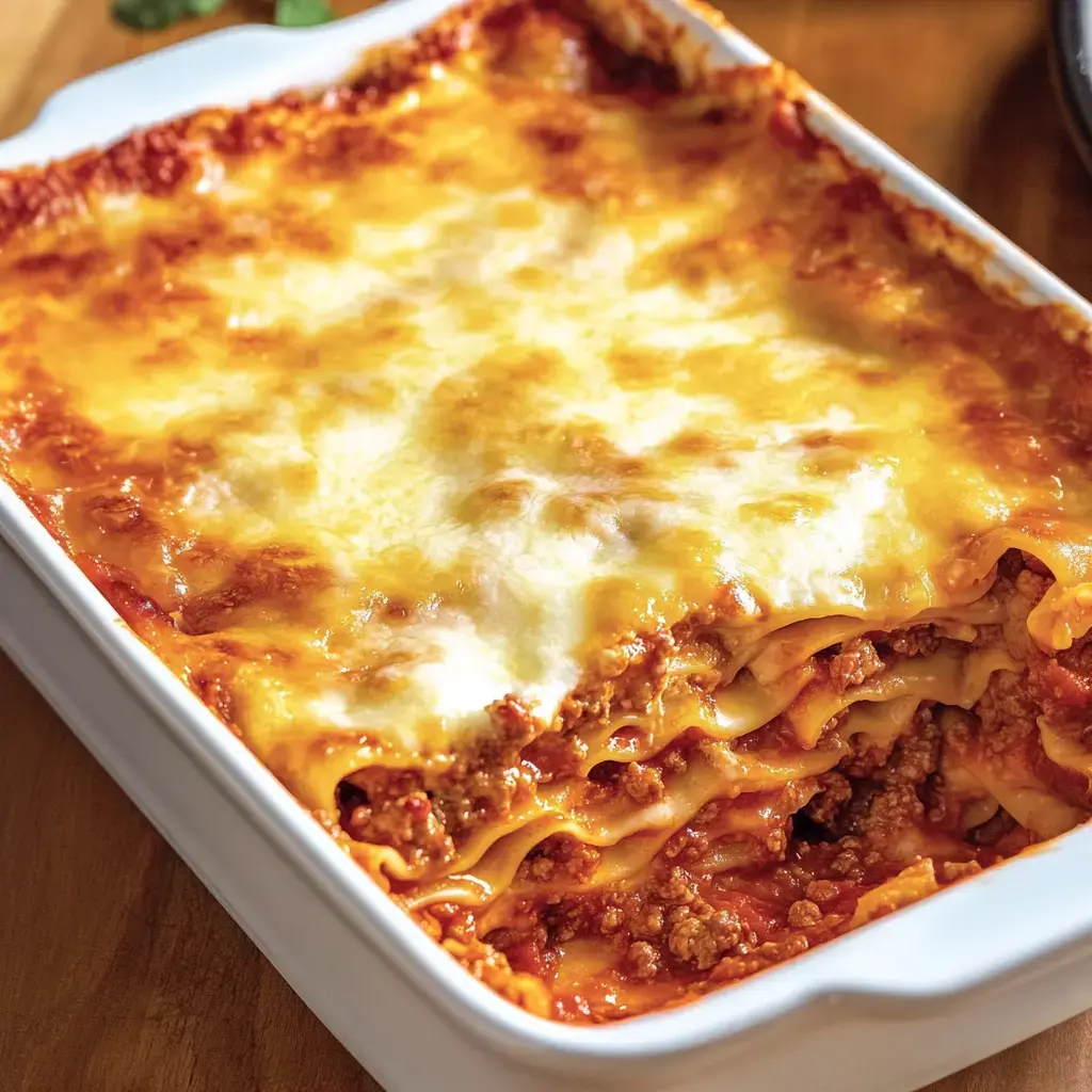 Hot lasagna with gooey cheese and rich meat filling in a white baking dish.