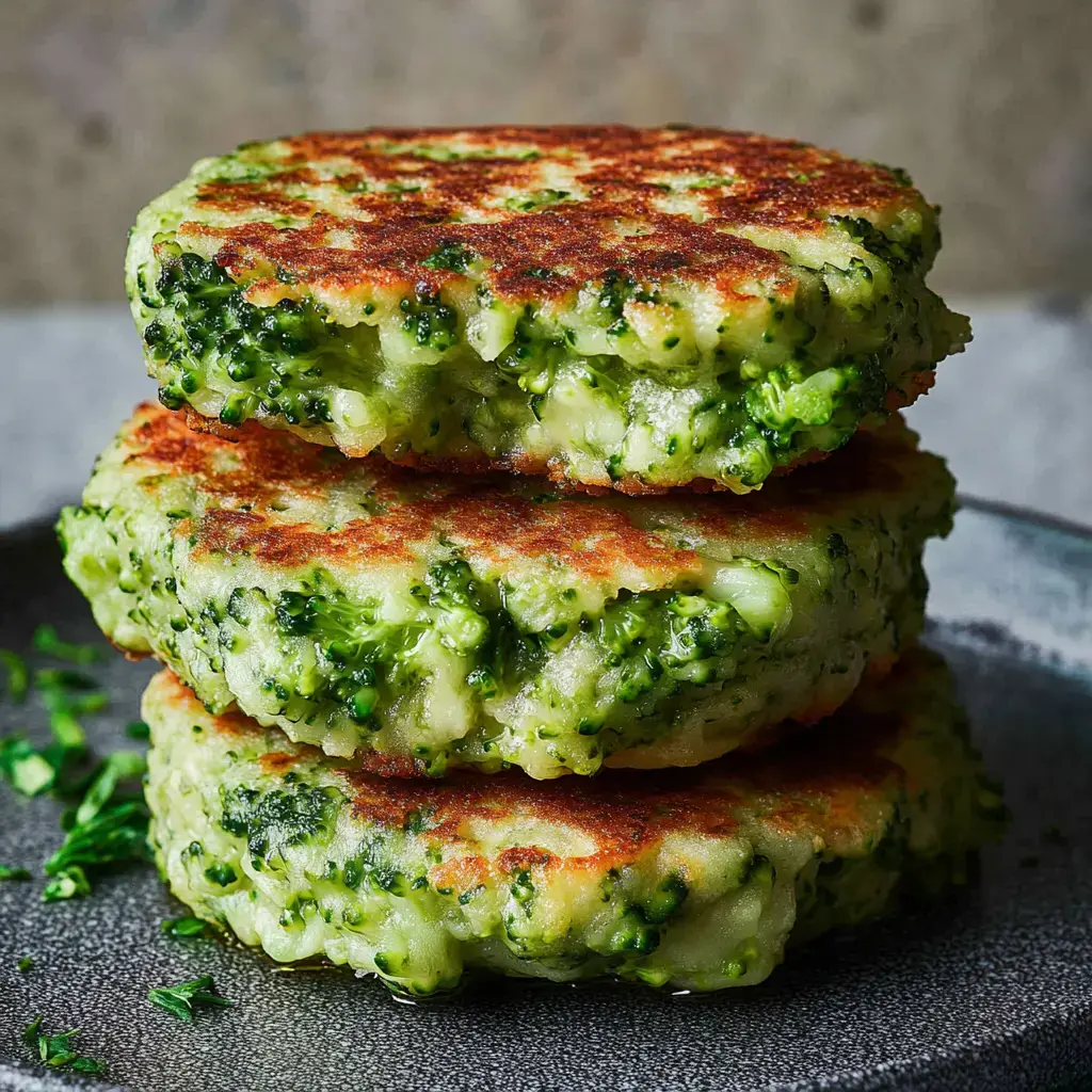 A plate with three crispy, golden broccoli fritters.