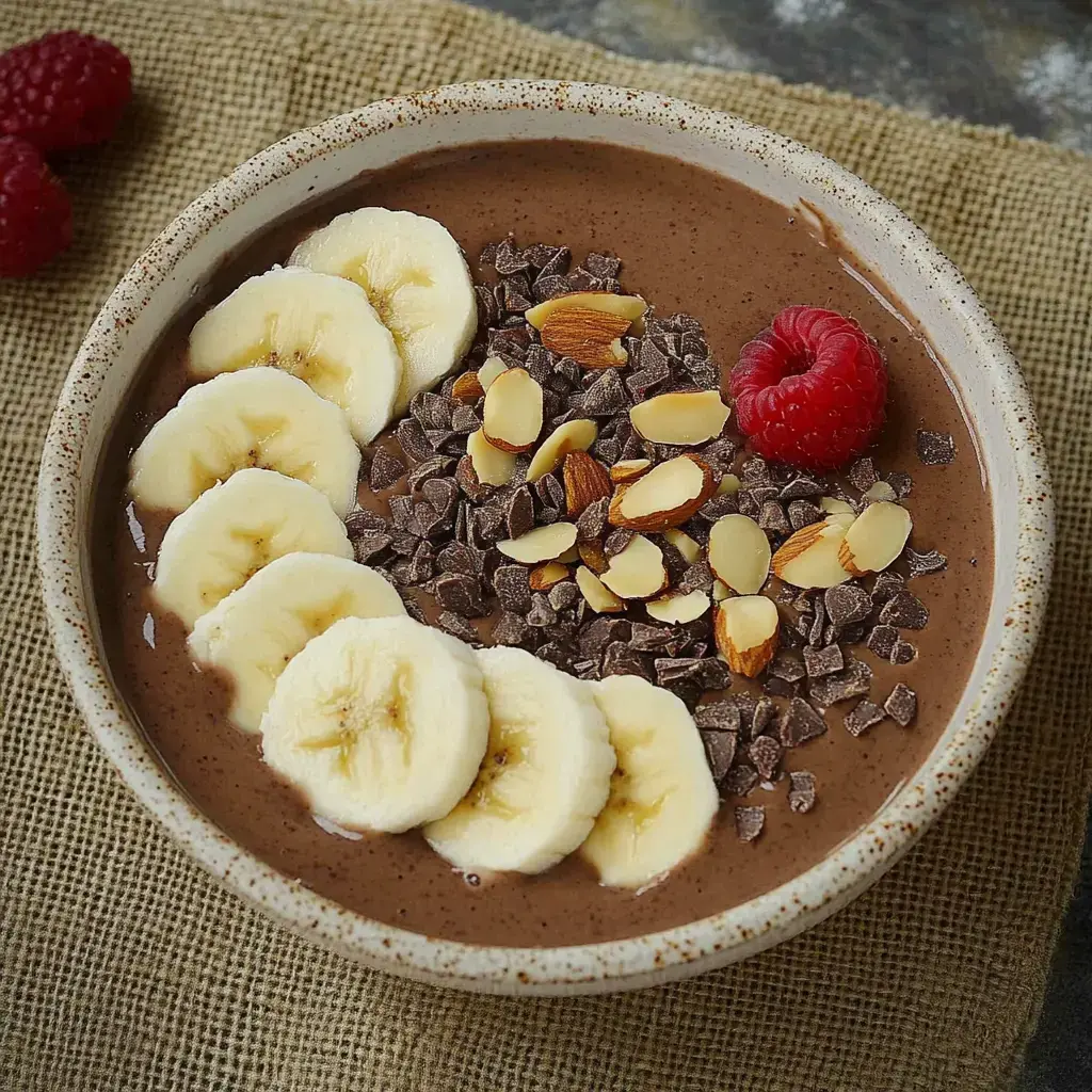 Eine Schokoladenbowl mit Bananenscheiben, Schokostücken, Mandeln und einer Himbeere dekoriert.