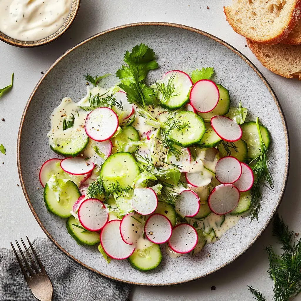 Cool cucumber and radish salad with dill and creamy yogurt sauce on a dark plate.