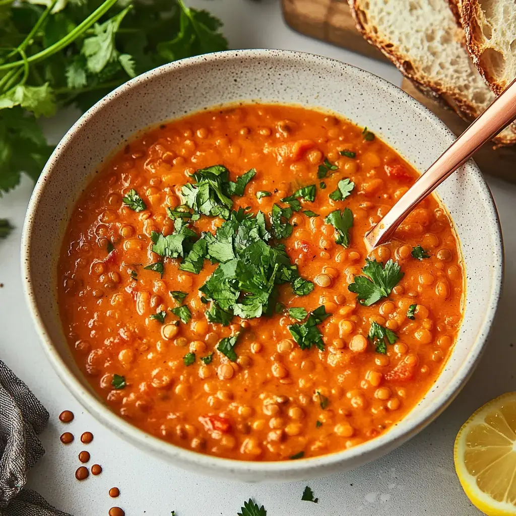 A bowl of lentil soup with some fresh cilantro, next to bread and half a lemon on the table.