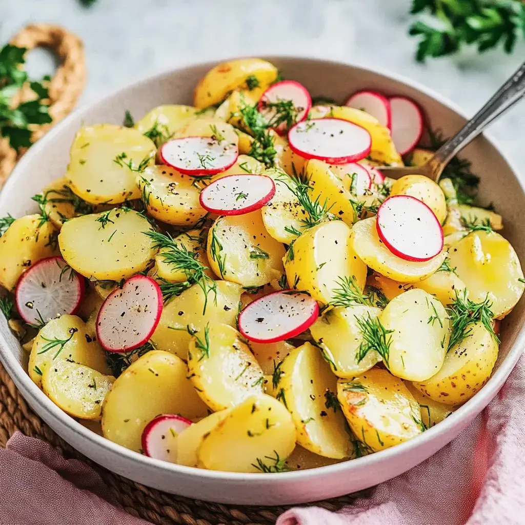 A colorful potato salad with radishes and dill in a bowl.