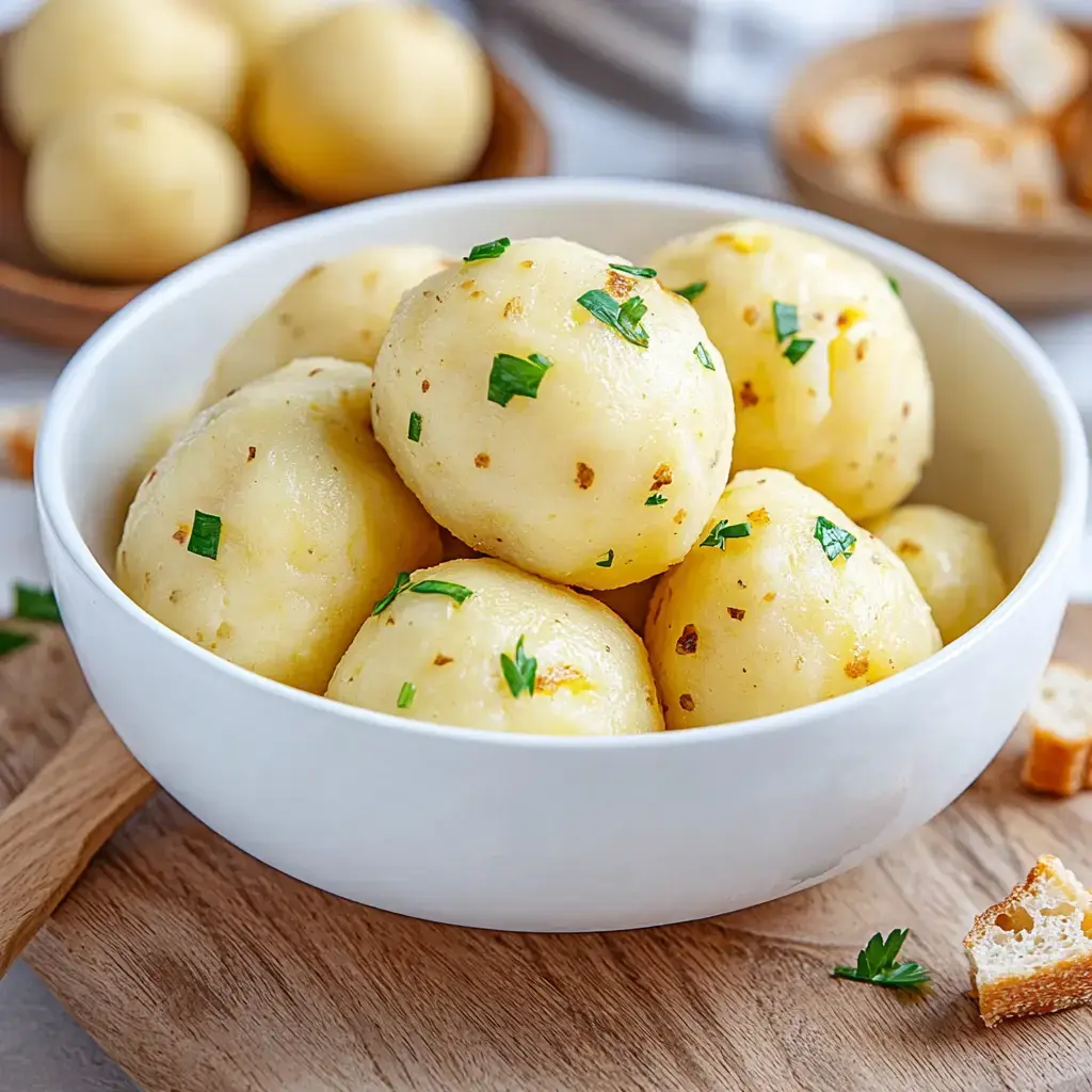 Big, fluffy potato dumplings in a bowl with fresh parsley on top, sitting on a wooden board.