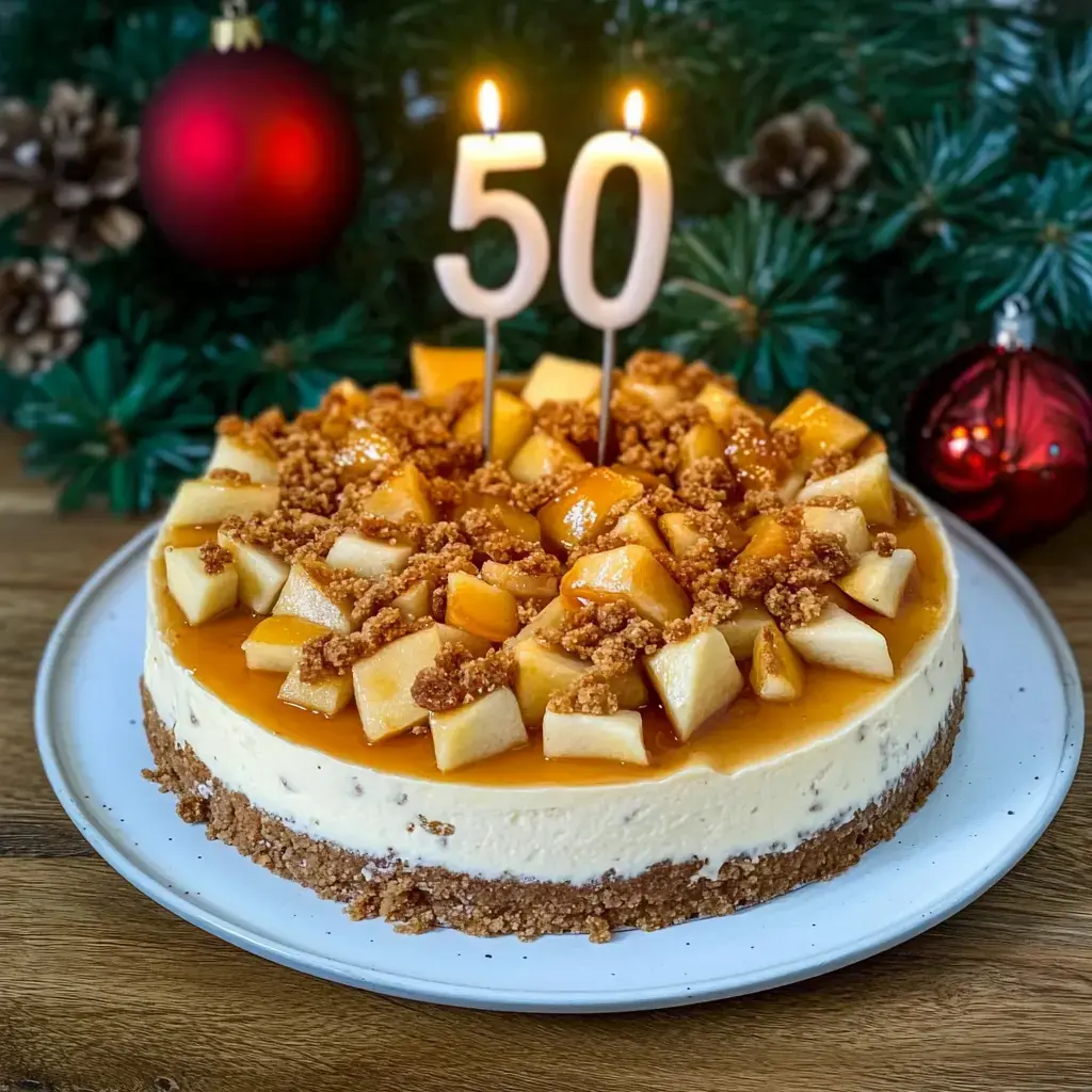 Cremiger, apfelig-karamelliger Käsekuchen mit Geburtstagskerze und festlichem Glanz.