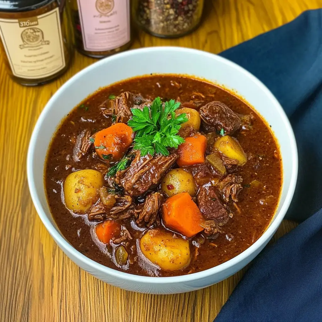 Chunks of stewed beef with veggies and potatoes in a bowl, sprinkled with parsley, sitting on a wooden table.