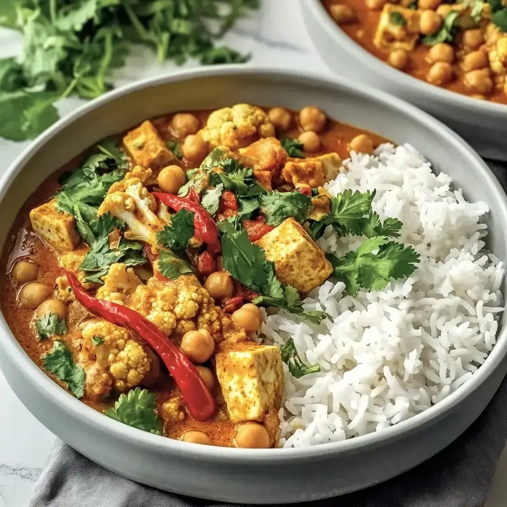 A plate of rice and a cozy veggie dish with cauliflower, chickpeas, and tofu, topped with cilantro and red chili slices.