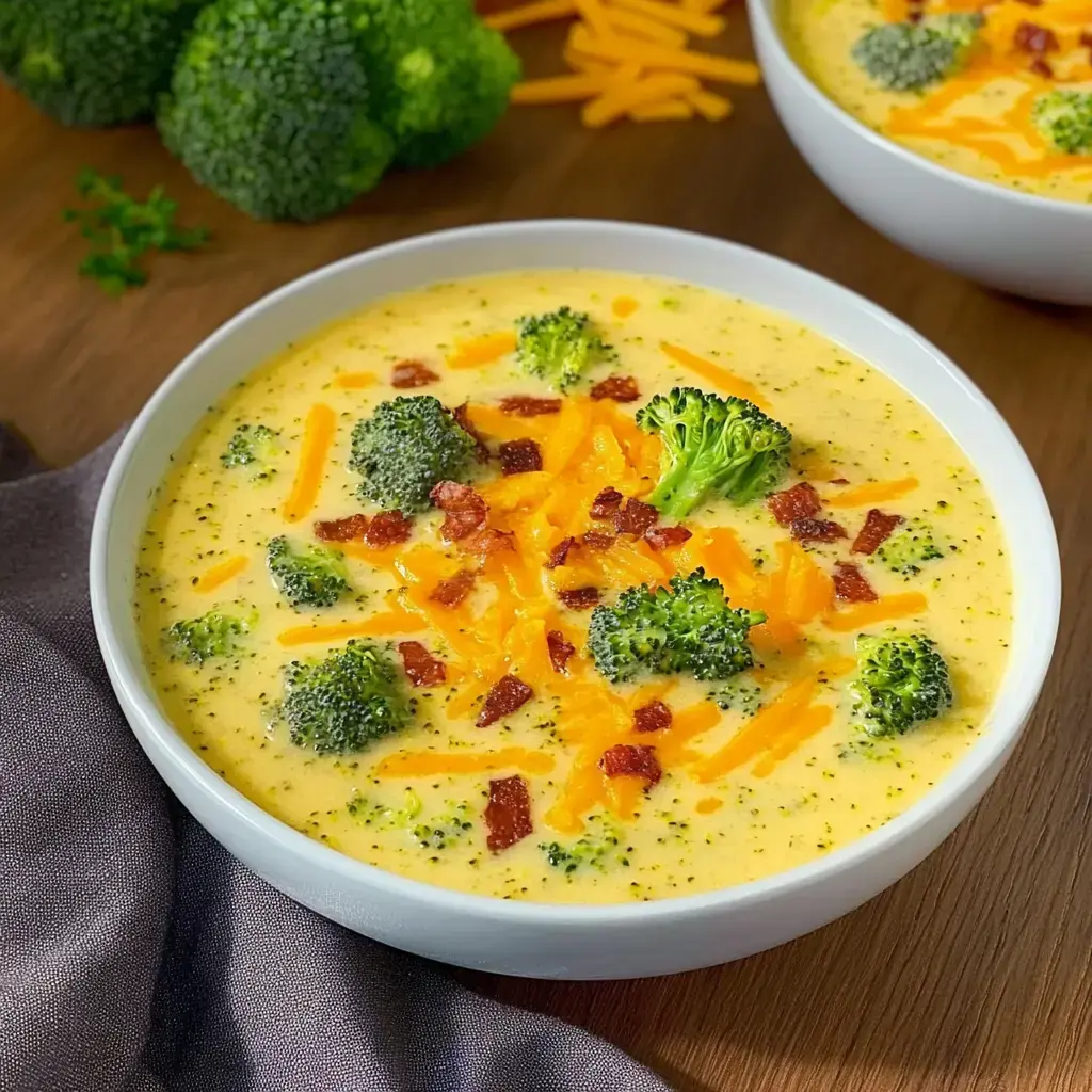 Dickcremige Suppe mit Brokkoli, gebratenem Bacon und geriebenem Käse in einer weißen Schale.