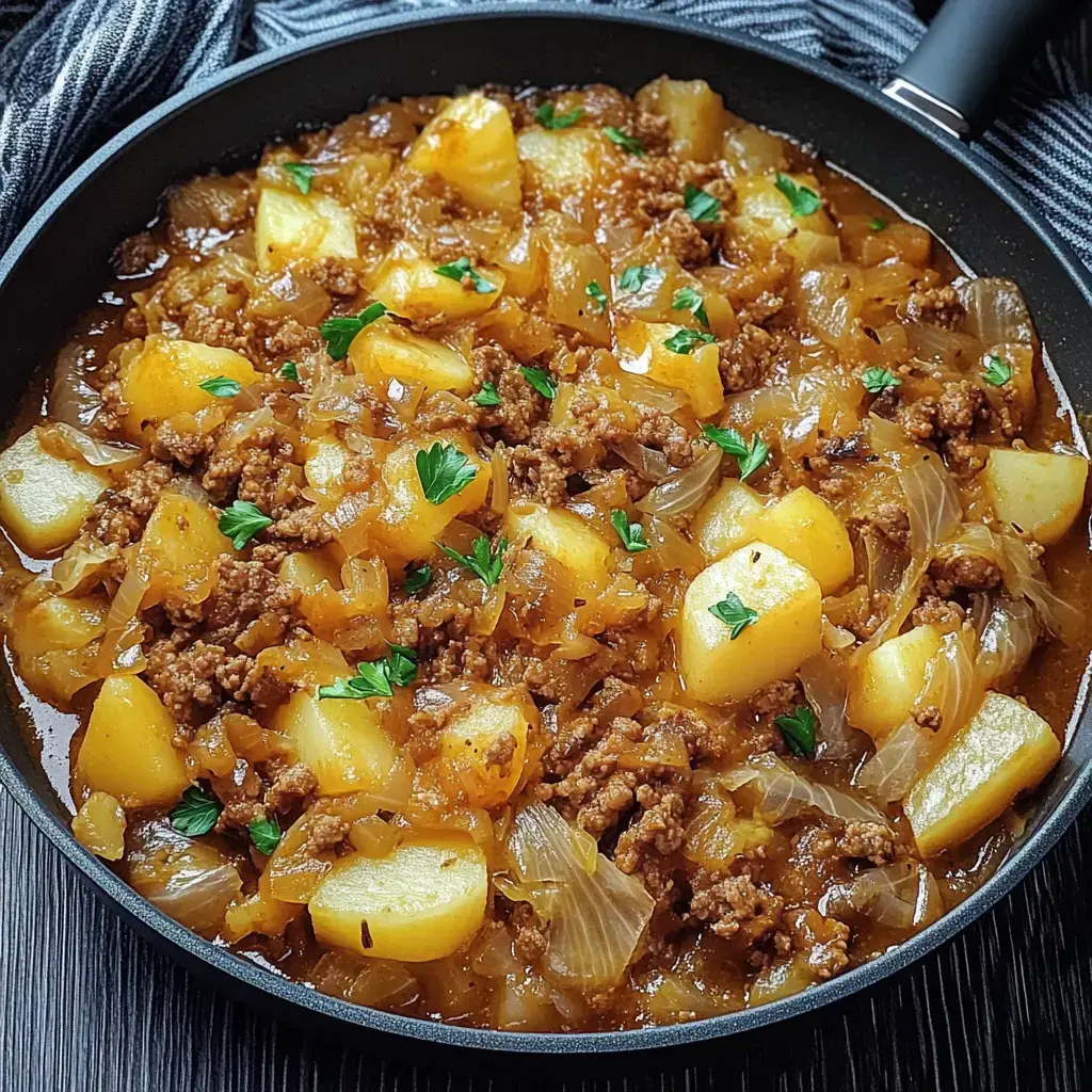 Herzhaftes Hackfleisch mit Kartoffeln und Zwiebeln in einer Pfanne. Frische Petersilie rundet das Ganze ab.