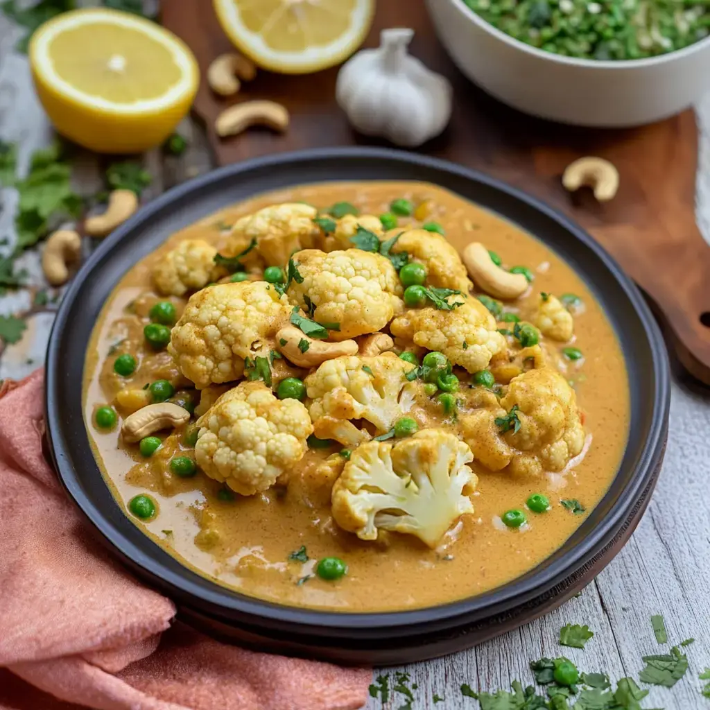 A plate topped with cauliflower and peas in creamy sauce, fresh cilantro and crunchy cashews on top, with lemon and garlic on the side.