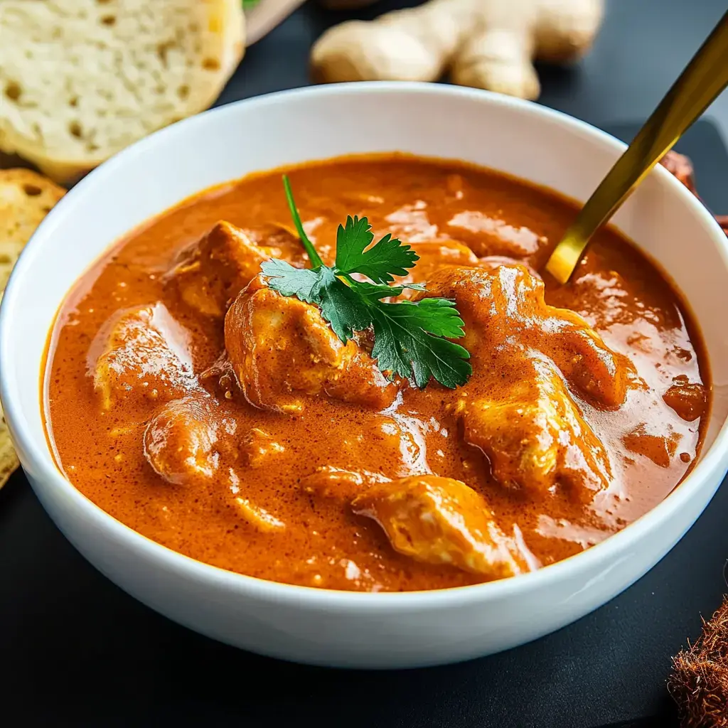 Eine große Schale voll creamy Hähnchen-Curry, frisch mit Koriander bestreut, Brot und etwas Ingwer daneben.