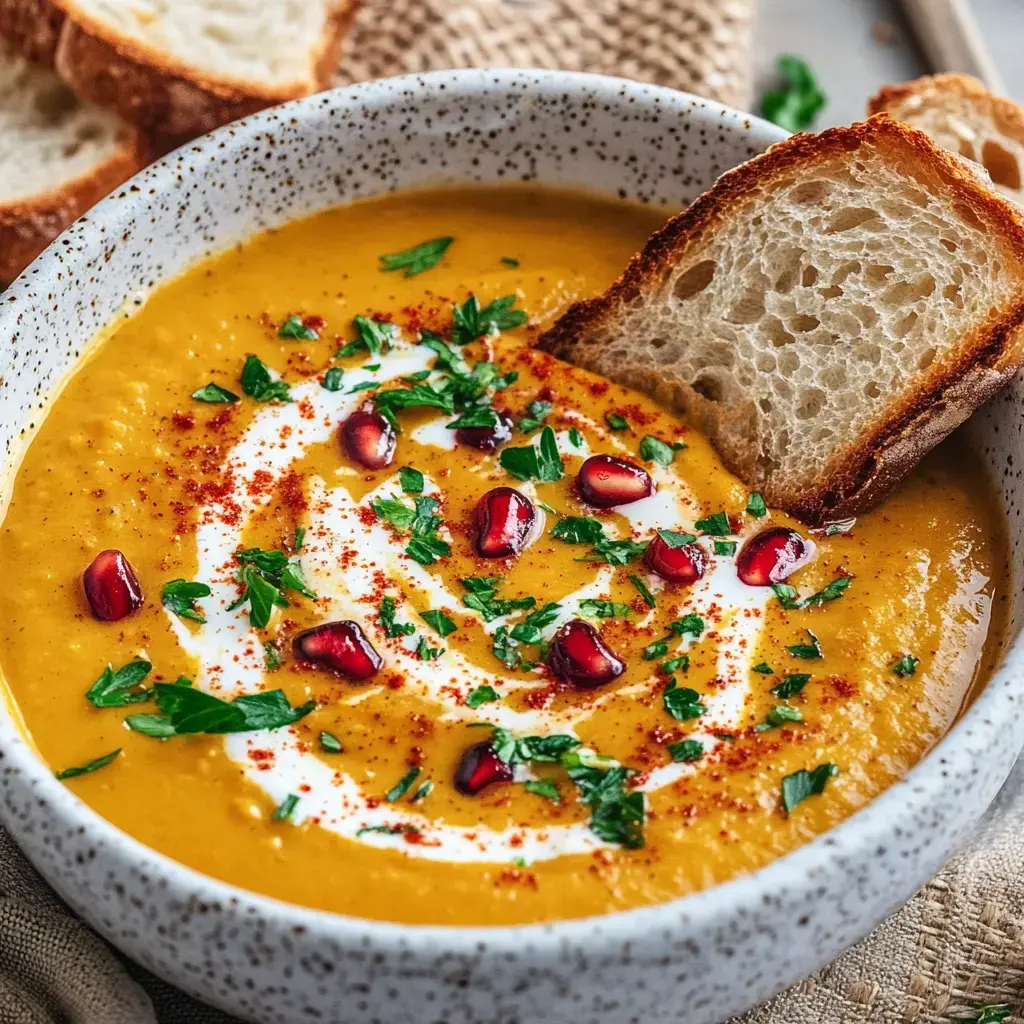 A bowl filled with creamy pumpkin soup topped with sour cream, pomegranate seeds, and fresh herbs, with a bread slice on the side.
