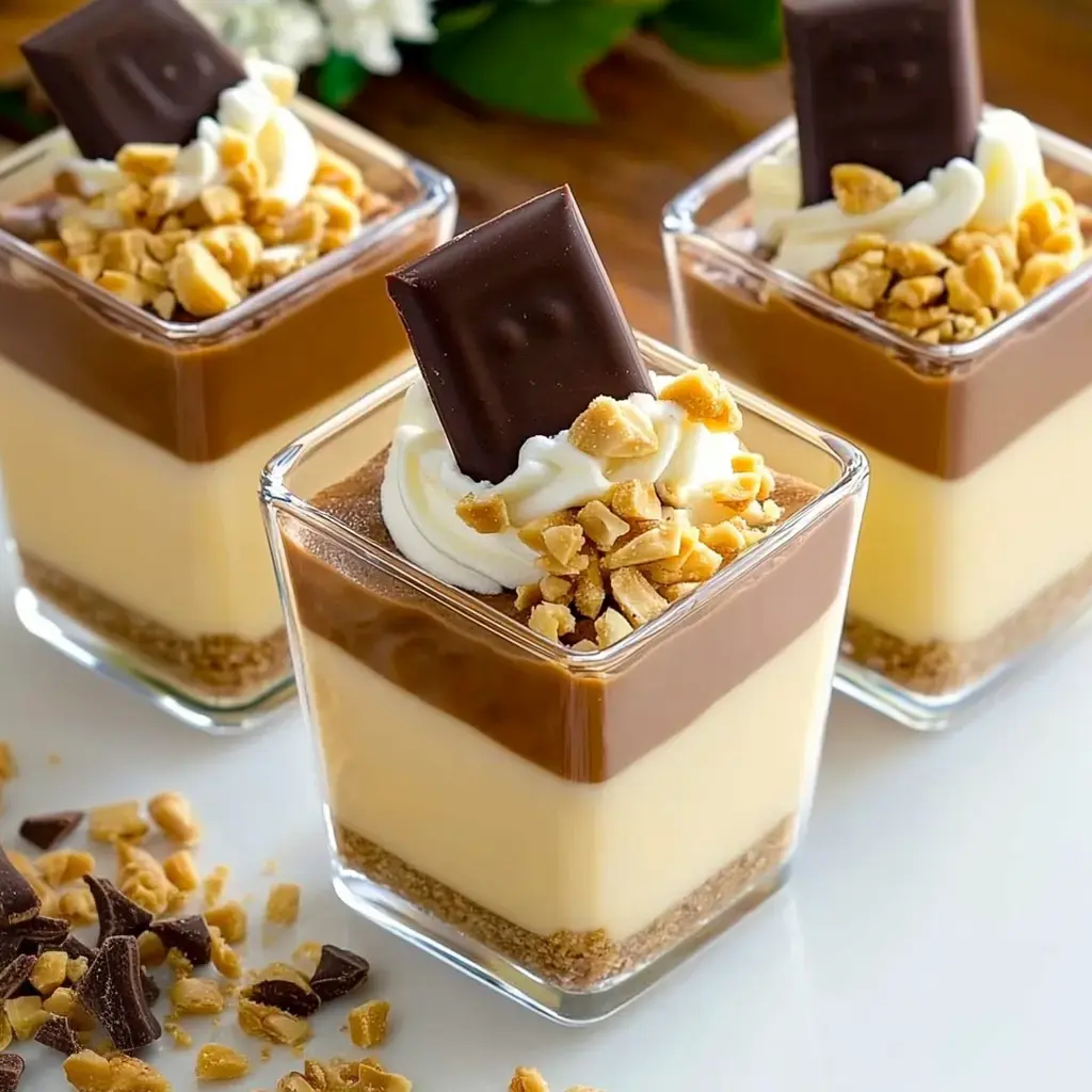Drei durchsichtige Gläser zeigen aufgeschichtete Pudding-, Sahne-, Nuss- und Schoko-Lagen. Obendrauf ist Schlagsahne und eine Schokoladenschnitte.