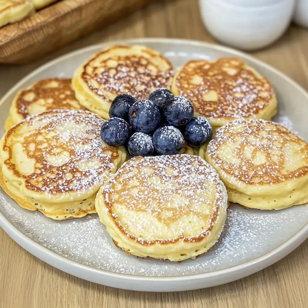 A plate showing just-made pancakes with blueberries and some powdered sugar on top.