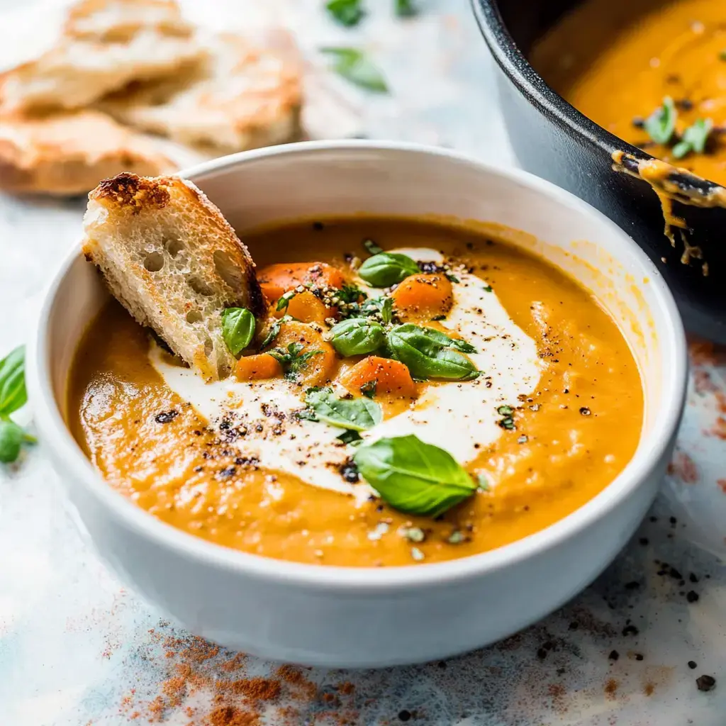 Bowl with silky pumpkin soup, topped with cream, fresh herbs, and bread on the side.